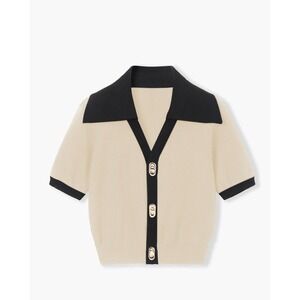 NWT COMMENSE Beige Black Contrast Short Sleeve Knit Cardigan Sweater Size S
